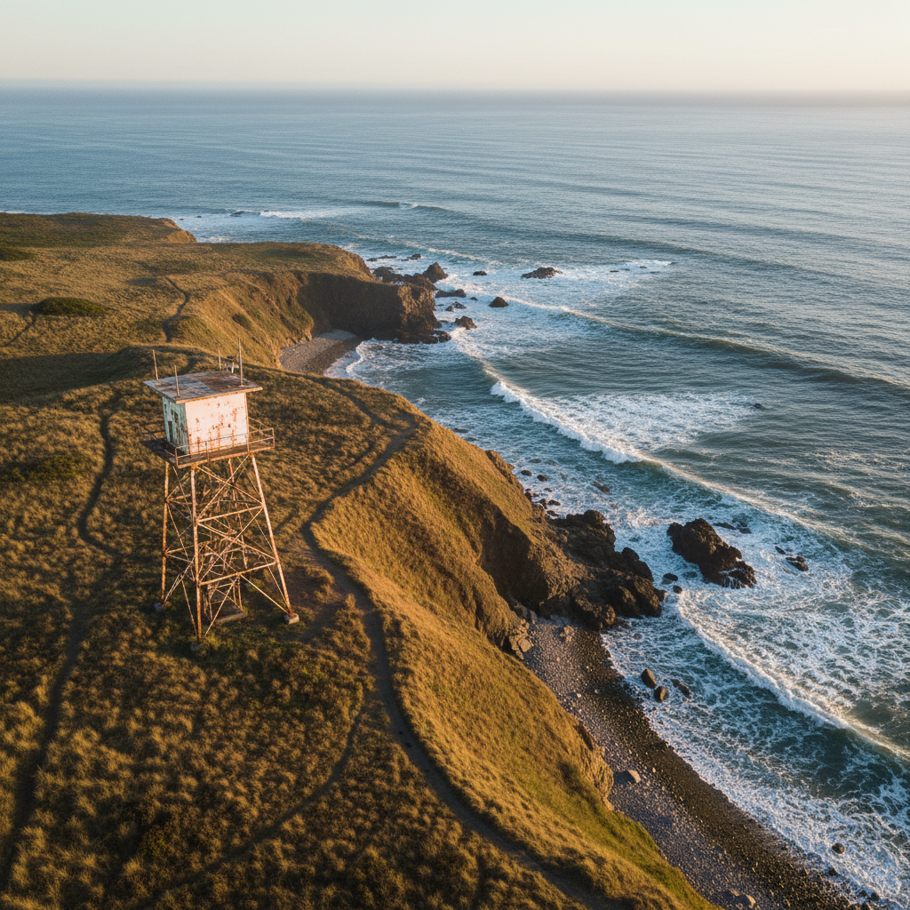 An aerial, photographic-realism view of a rugged U.S. shoreline where a decommissioned Coast Guard lookout tower stands on a grassy bluff above breaking waves. The weathered steel structure, painted white with flecks of rust, casts a long shadow over the uneven ground, crisscrossed by faint footpaths. Late-afternoon sunlight rakes across the scene, intensifying textures in the wild dune grass and jagged rocks below. The composition follows the rule of thirds, with the tower offset against the vast expanse of ocean fading into soft atmospheric haze. The mood is vigilant yet reflective, capturing the enduring presence of coastal guardianship long after specific crews and eras have passed.