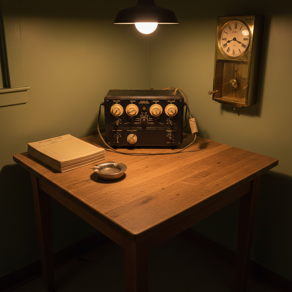 A 1940s-era Coast Guard station watch room corner, with a square wooden table supporting a bulky black field radio, its dials, toggle switches, and cloth-covered cables carefully detailed. Beside it rests a stack of manila message pads, a metal ashtray unused, and a ticking brass ship’s clock mounted on a faded olive-green wall. Dim incandescent ceiling light produces a warm, slightly amber glow, creating gentle pools of light and soft shadows that emphasize the equipment’s worn edges and chipped paint. Photographic realism from a slightly elevated angle captures sharp textures and a quiet, vigilant atmosphere, hinting at countless past distress calls and routine patrol reports.