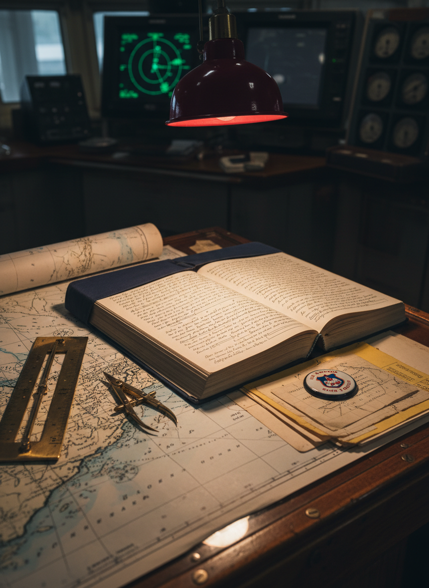 A meticulously arranged historian’s workspace aboard a stationary Coast Guard cutter: an open, clothbound logbook filled with tight handwritten entries sits on a varnished chart table, flanked by a vintage parallel ruler, brass dividers, and a well-worn nautical chart of the North Atlantic. A small, enamel Coast Guard emblem paperweight anchors loose yellowed documents. Soft, directional light from an overhead red night-vision lamp casts warm, focused illumination on the writing surface, leaving the background of radar screens and muted instrument panels in gentle shadow. Photographic realism at an eye-level angle with moderate depth of field creates a professional, introspective mood suited for documenting past missions and moments.