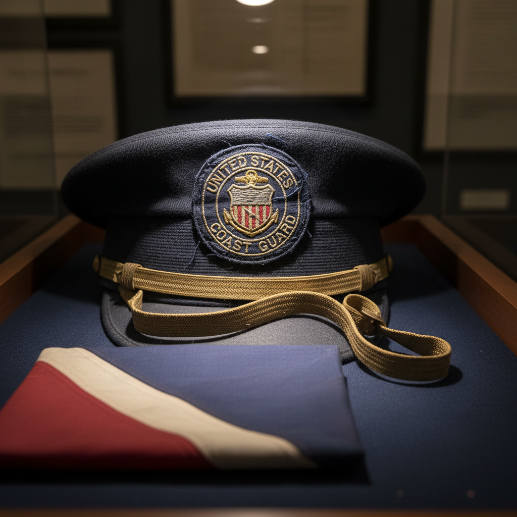 A close-up of a worn Coast Guard service cap resting on a wooden display case, focusing only on the embroidered shield insignia and gold-colored chinstrap lying against dark blue fabric with visible weave and softened creases. The cap is positioned beside a neatly folded, faded signal flag whose colors—red, white, and blue—have muted with age. Warm, directional museum-style spotlighting from above creates gentle highlights along the stitching and brass buttons while falling away into a soft, shadowed background of indistinct framed documents. Photographic realism with a shallow depth of field and centered composition creates a respectful, archival atmosphere ideal for commemorating individual service stories without depicting people.