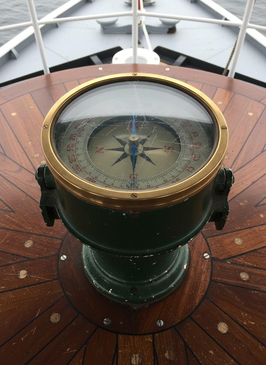 A vintage brass Coast Guard ship’s compass, its glass slightly fogged with age and etched with fine scratches, mounted in a dark green binnacle atop a polished but scarred teak deck. The delicate cardinal markings and intricate degree lines are clearly legible, the needle perfectly centered. Overcast daylight filters through an unseen bridge window, producing soft, diffuse lighting that minimizes glare while revealing every patina detail in the metal. Shot from directly above with sharp focus throughout, the surrounding deck planks and a blurred hint of metal railings frame the instrument. The mood is contemplative and archival, rendered in clean photographic realism that evokes careful navigation through history.