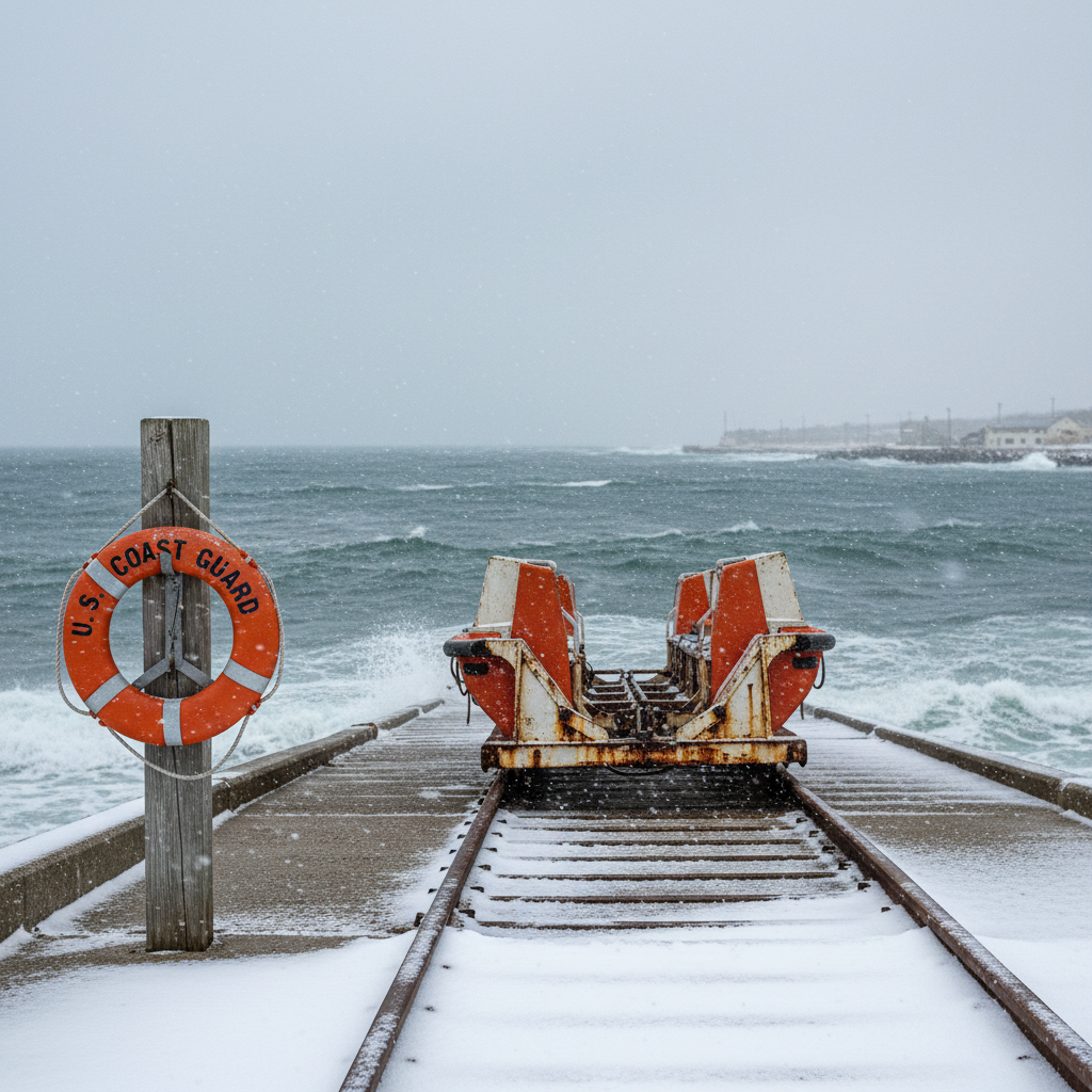A snow-dusted Coast Guard lifeboat ramp at a remote station, the heavy steel rails descending into choppy gray water. On the concrete apron, an empty orange-and-white self-righting lifeboat cradle stands ready, its metal surfaces streaked with salt and rust. A rigid life ring marked “U.S. COAST GUARD” hangs on a nearby weather-beaten post, its reflective tape dulled by years of storms. Low winter daylight filtered through thick clouds creates cool, diffused lighting and a somber, resolute mood. Photographic realism from a wide, eye-level perspective captures crisp detail in the foreground while the distant, blurred horizon and faint station buildings reinforce isolation and readiness.