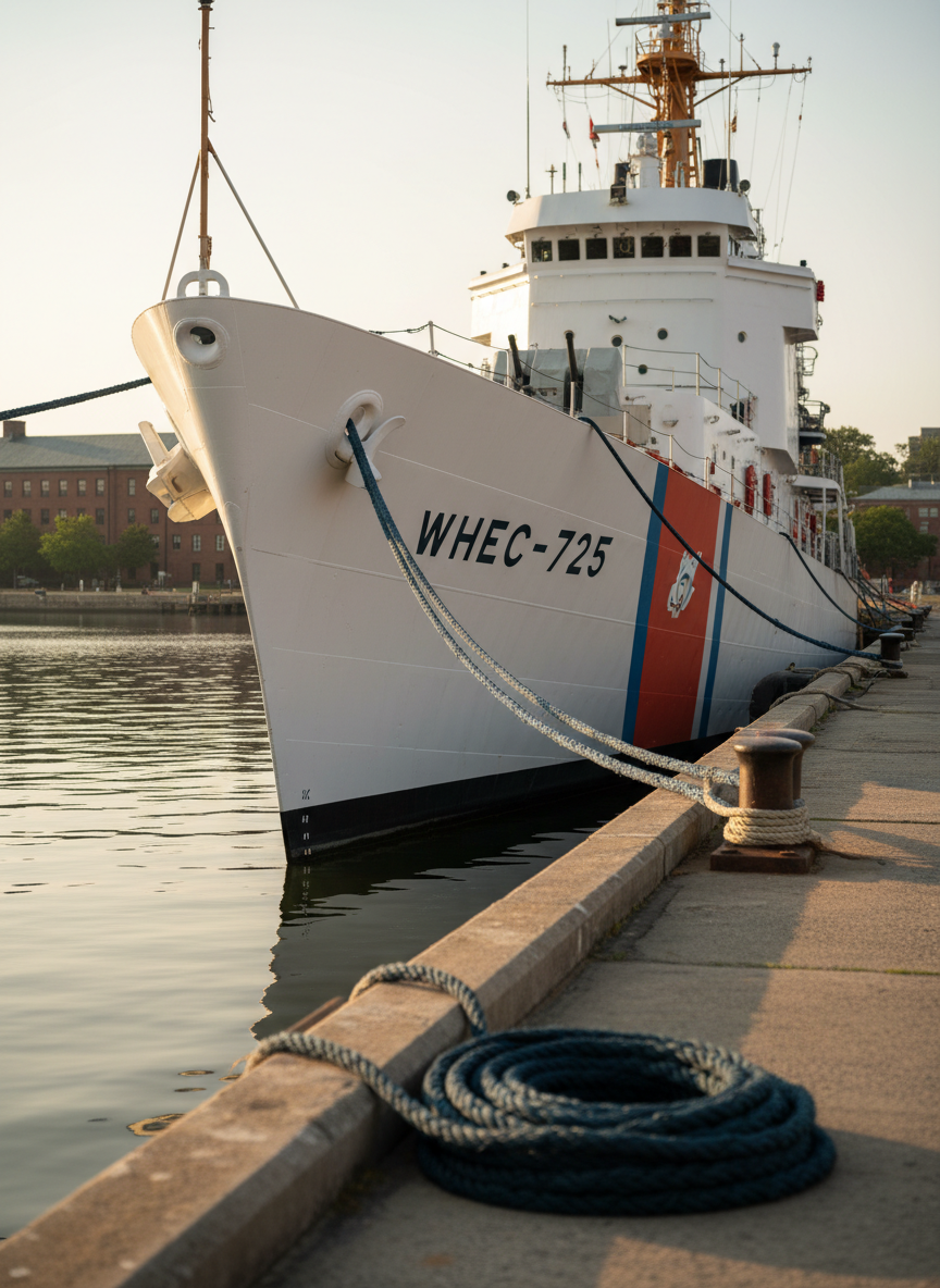 A freshly painted white Coast Guard cutter bow, hull number crisp and dark against the gleaming surface, rises from calm harbor water with a subtle reflection rippling below. Heavy mooring lines stretch taut to sturdy weathered bollards on a concrete pier scattered with neatly coiled rope and metal cleats. Late afternoon golden-hour sunlight skims across the ship’s sharp lines and orange rescue stripe, casting clean, elongated shadows. Photographic realism from a slightly low, three-quarter angle emphasizes the cutter’s presence and professionalism, with a shallow depth of field that softens distant shoreline buildings into a muted backdrop, creating a focused, authoritative, and historically grounded atmosphere.